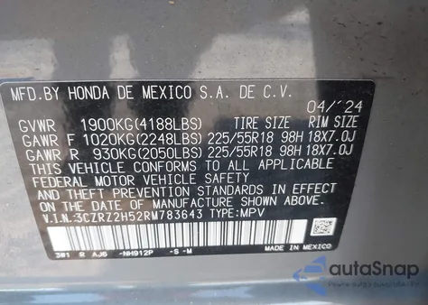 2024 Honda Hr-V Awd Sport/Awd Sport W/O Bsi из США, поврежденный, VIN 3CZRZ2H52RM783643